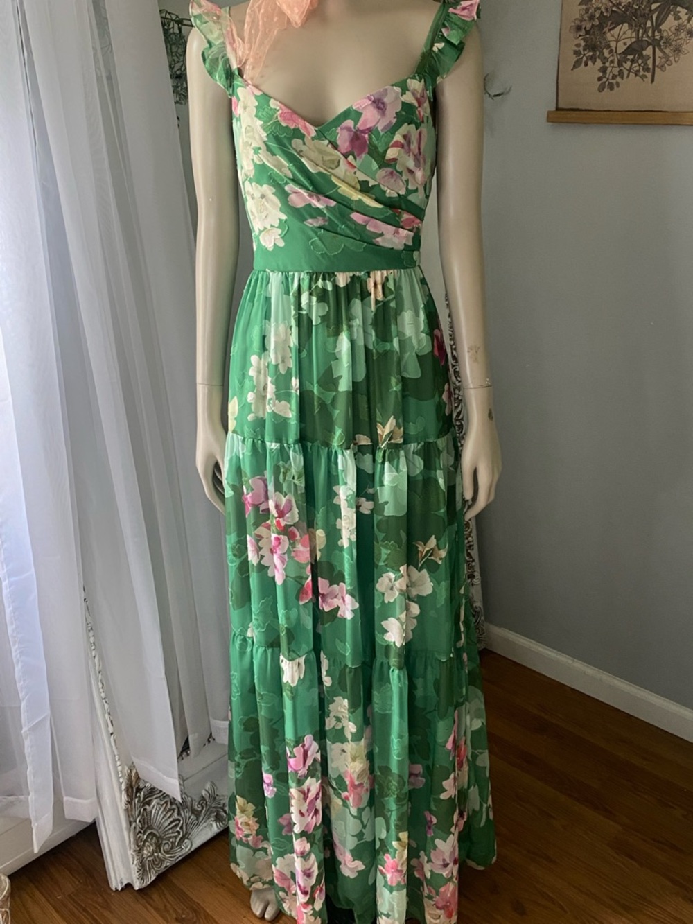 Adrianna Papell Green Floral Tiered open back Maxi Dress with Pink Accents